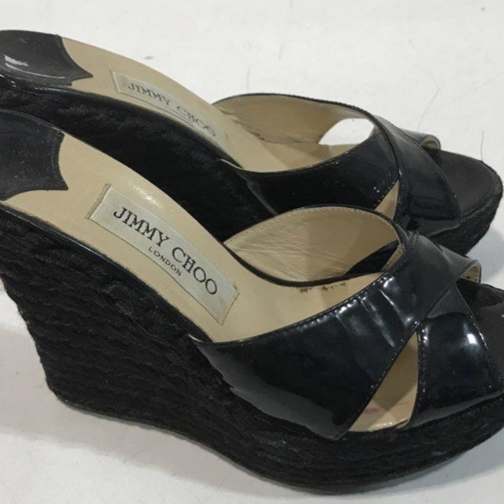 Women’s Jimmy Choo Black Patent Platform Espadrille Wedge Heels Sandals Size 37